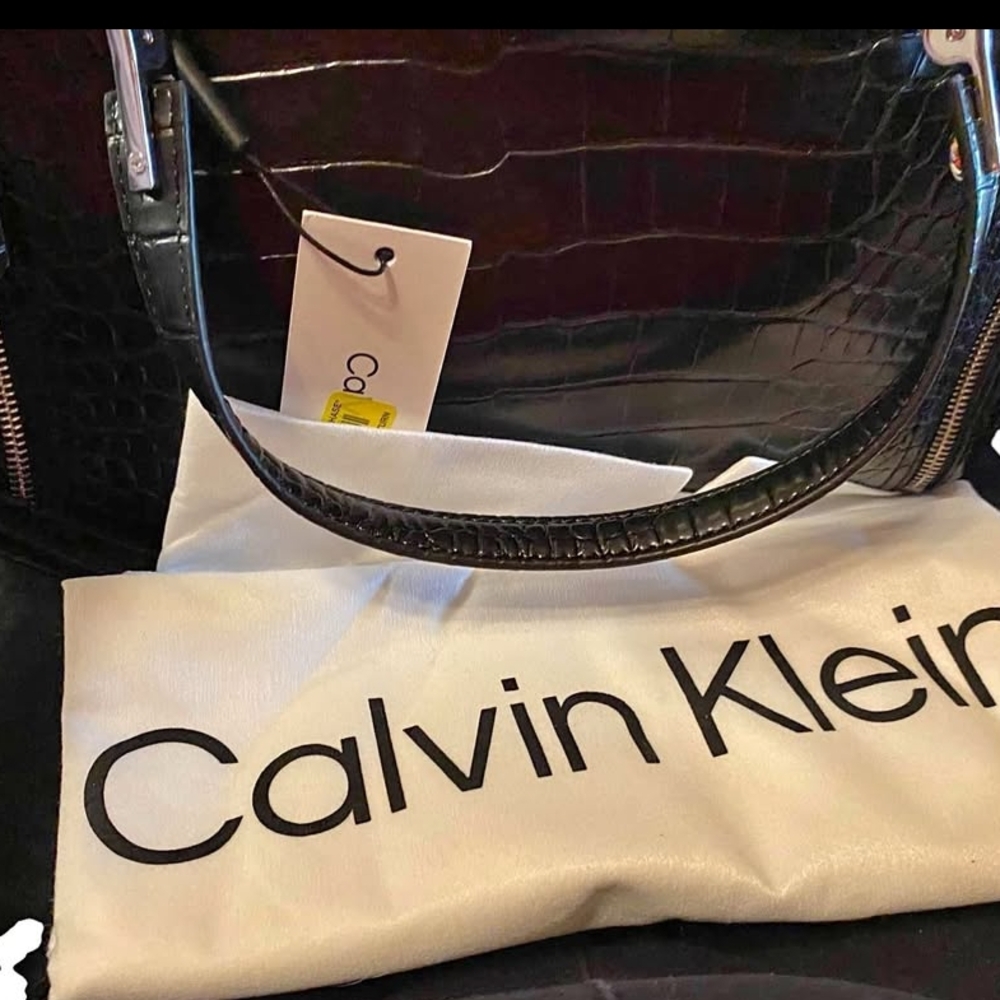 Calvin Klein Black Croc-Embossed Shoulder Bag